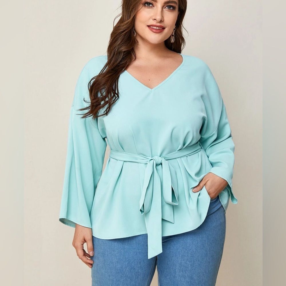 Mint green long sleeve vneck belted top size 2XL